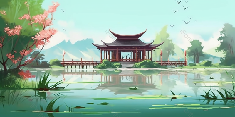 绿色亭子节气山水荷花插画背景,插画/手绘图,插画/手绘图库,插画/手绘图下载,插画/手绘